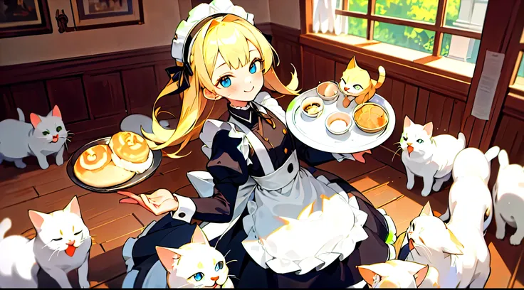 (masterpiece, highest quality), One cute girl wearing a maid outfit, blonde hair, having a tray, best smile, surrounded by many cats, Inside the cafe