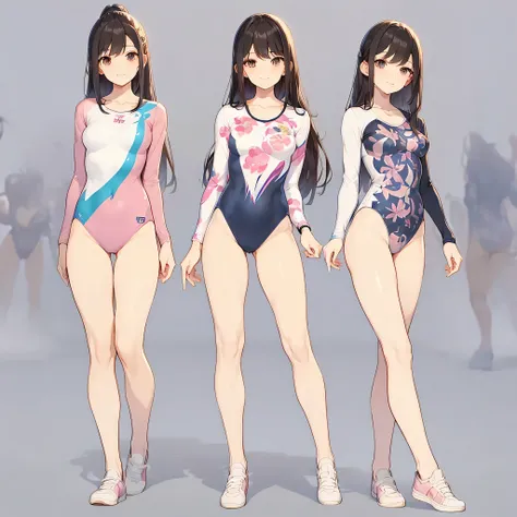 ((full body)),(masterpiece, best quality), (2 girls1.5) ,((Contrapposto:1.5)), looking at viewer, walking,((v_arms:1.2)), （wearing gymnastics_longsleeves_leotard_outfit leotard:1.3),(pink leotard) ,(floral print leotard:1.3),{{wearing gym suit:1.3 }}, BREA...