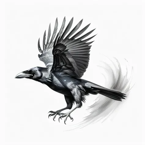 Brilliant graphite drawing of a flying raven on a white background, stroke technique, shadows, charcoal, black and white