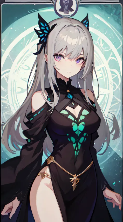 32 year old female, witch ,gray hair, purple eyes, Thin, Big  ,Green butterfly decoration on head, Black Western-style one-piece dress, magic circle, Make it like tarot anime style but without the frame, Eyes seductive, black energy, crimson particles