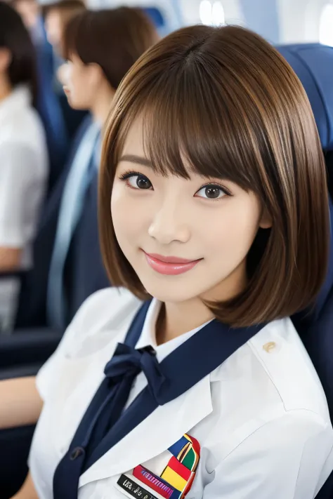 (Extra close up of face)　((highest quality)), ((masterpiece)), (get used to it)　perfect beautiful face　(The most beautiful 24-year-old Japanese in Japan)　　(She stands tall in the aisle of the plane., towards the viewer, With perfect posture)　(This is insid...