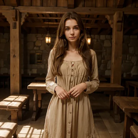 A woman , light brown hair ,wearing a worn  dress,from olden times , covering her whole body , in the 12th century , standing, in a ugly banquet hall , wooden tables and benches, stone walls , dark room , bandy room , pretty face , skinny, , pale skin 