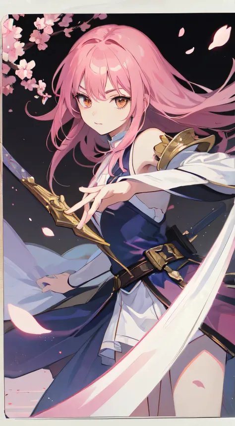 22-year-old female, long pink hair, brown eyes, Thin, Big  , Swordsman, Western style silver white light clothing, pink sword, scabbard, Make it like tarot anime style but without the frame, The eyes are firm, pink energy, Sakura petals, Pink Blade Spread