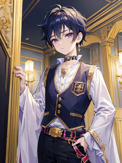 Highres, Masterpiece, Best quality at best,Best Quality,hight quality, hight detailed, Anime style, 1boy, Boy, Solo, (little boys), view from front, Idol, Prince uniform, Vest, gold earring, Choker, Trousers, Belt, (very young boy), (very small and short b...