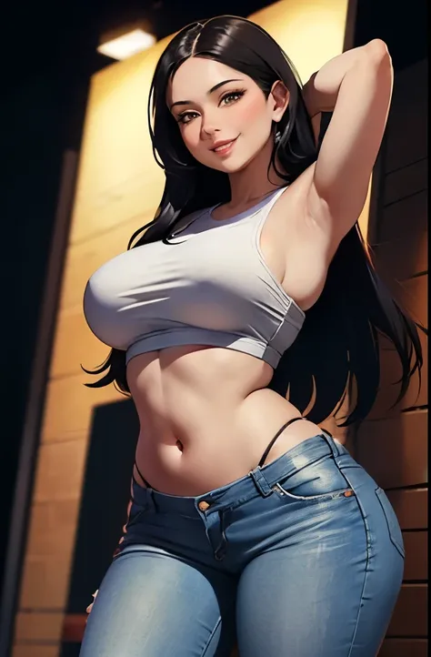 (best quality, masterpiece:1.2), Sketch full view of a hot looking fair skin 29 year old woman standing in front of us. She has brown eyes and long straight black hair. She has big breasts, playful smile. She has a nice curvy physique. She is wearing a cro...