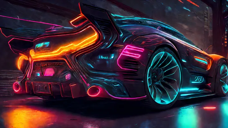 there is a car that is in the center of a cyberpunk garage on jupiter awesome, futuristic dieselpunk street, cyberpunk car ((cus...