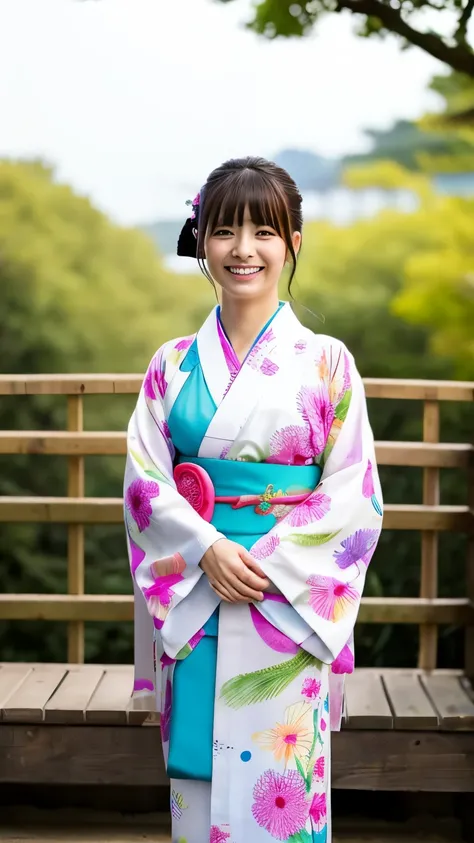 Beautiful Japanese woman in a kimono、Turn your face towards me and smile、whole body from the feet、Standing upright with hands together in front of you
