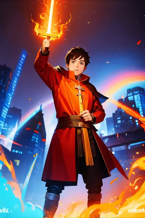 a young red knight with a flaming magic sword on a background of a medieval city