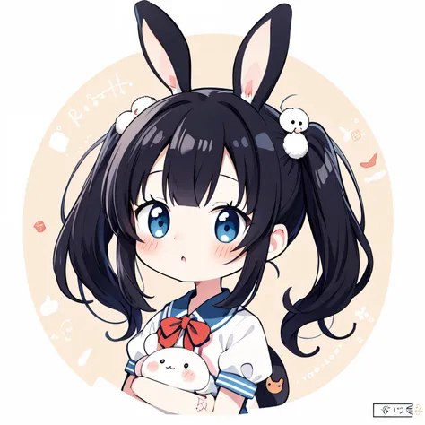 masterpiece, best quality, absurdres, illustration, watercolor,
1 girl, 1 rabbit, anime character, kawaii, cute, mascot character, fuwafuwa,black hair,twin tail hair,
postcard,