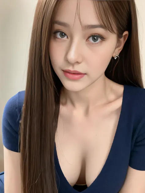 highest quality,masterpiece,ultra high resolution,(realistic:1.4),girl, 18-year-old, (Perky breasts:1.2), bangs, (slim face, slim waist, slim legs), blouse, attractive, black choker, Blue color contact lenses, slouch, Lean forward and look into the camera、...