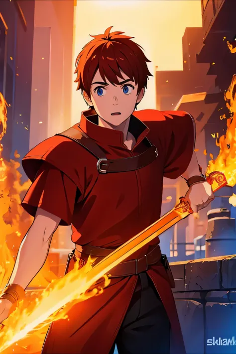 a young red knight with a flaming magic sword on a background of a medieval city