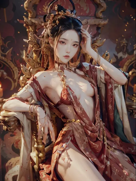 an empress, small stature, naked, on the throne, majestic, spread legs, small breasts, red eyes, short black hair, show breast, show vaginal, looking down on people, unsatisfied face, hands on her head, alluring body, hyperrealism, hyperrealistic, illustra...