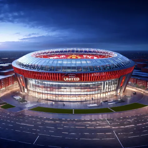 "the future modern and futuristic (old trafford) stadium of (manchester united) 2055 from the exterior, drone footage, night, de...