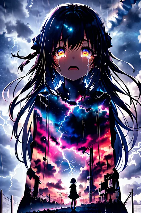 masterpiece, best quality, 1girl, solo, (silhouette:1.3), glowing eyes, tears, rain, lightning, star (sky)