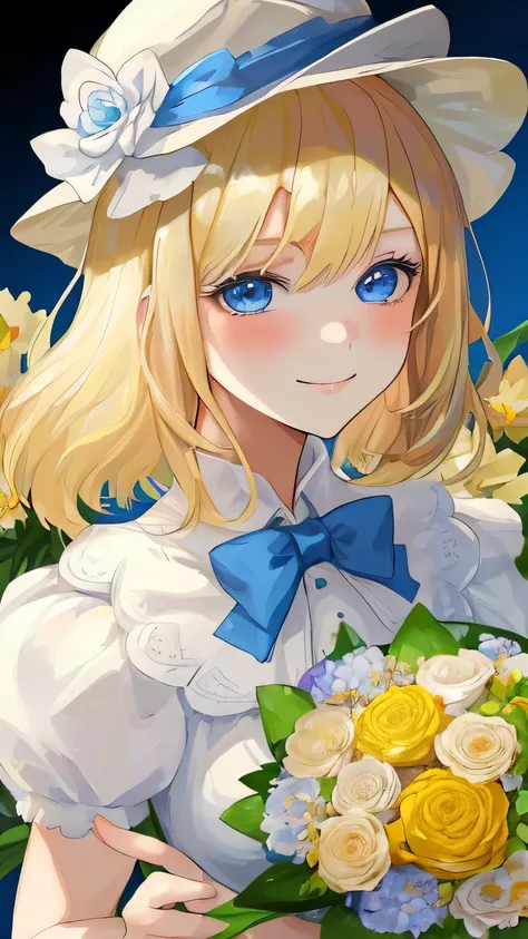 a young woman with bright blonde hair standing next to a bunch of flowers and wearing a hat, 1 girl, flower, alone, blue eyes, smile, flower bunch, looking at the viewer, golden hair, white background, colorful flower, bow, blush, background, holding, Uppe...