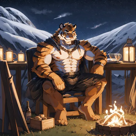 （CG 8K）Tiger Orcs，orange fur，very strong，Topless，Wear long pants，strong chest muscles，Strong thigh muscles，Handsome smile，face camera，Slightly bulging crotch，Sitting on the grassland and watching the stars