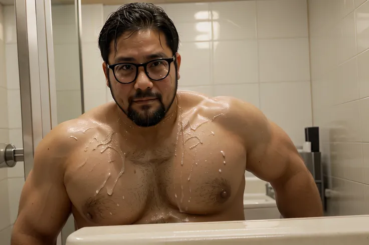 huge load of cum all over the face and body of a 39 year old stocky chubby thick Japanese businessman wearing glasses with short hair and beard in a public restroom