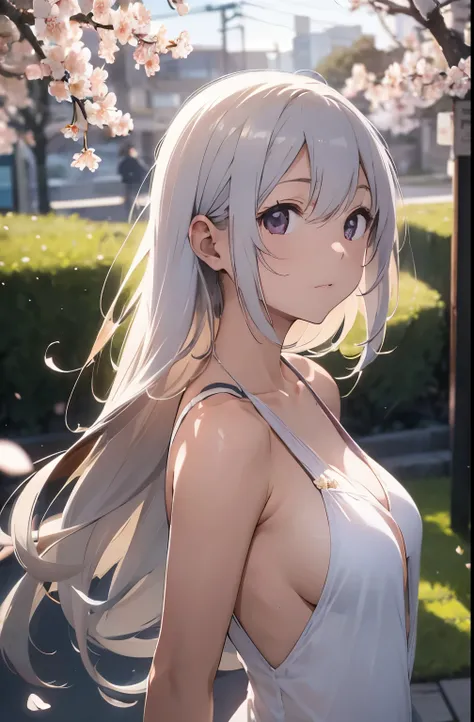 On the rooftop during golden hour、Background night city skyline, Beautiful Japanese women are photographed, towards the camera. She is wearing a sexy white swimsuit, Minimalist white swimsuit, Her long silver hair is gently swaying in the breeze. A golden ...