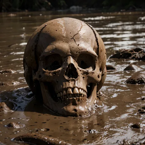 A fleshless human skull in a state of putrefaction resting in the cold, wet mud, the vermin destroy it, una serpiente se enrreda a su alrededor, la oscuridad lo rodea todo y un brillo rojo sale de las cuencas oculares del craneo