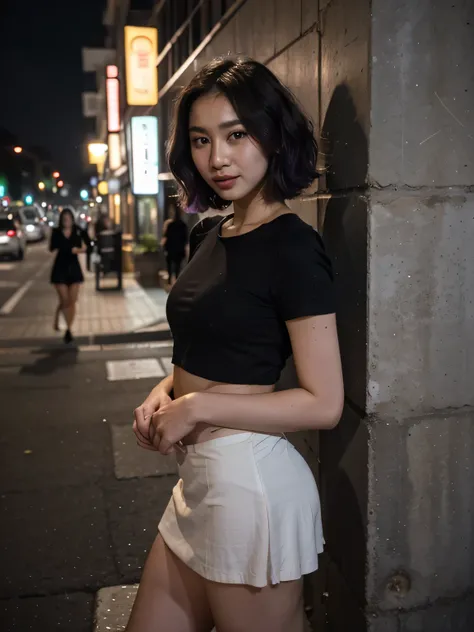 Dark night ,Indonesian actress nikita willy,short wavy hair with purple layer,standing at wall,short skirt, looking directly at street, smoking cigarettes,smile, full body shot, dark street