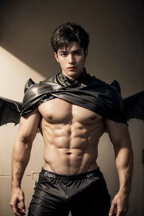 ((obra de arte, melhor qualidade, high resolution)) A handsome man with black demon wings, olhos vermelhos, Orelhas pontudas, muscular