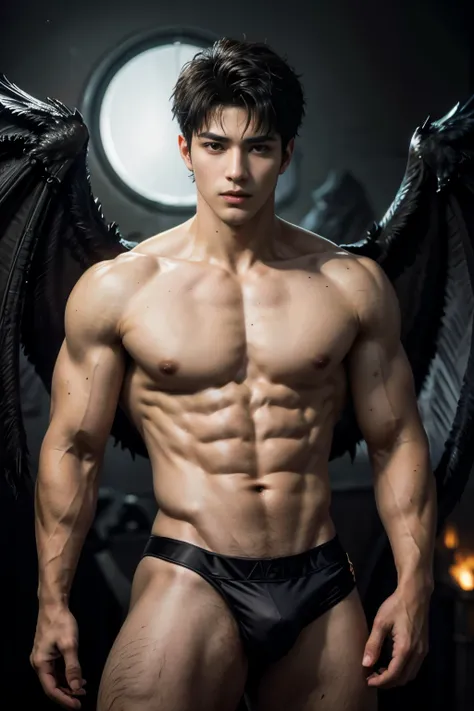 ((obra de arte, melhor qualidade, high resolution)) A handsome man with black demon wings, olhos vermelhos, Orelhas pontudas, muscular