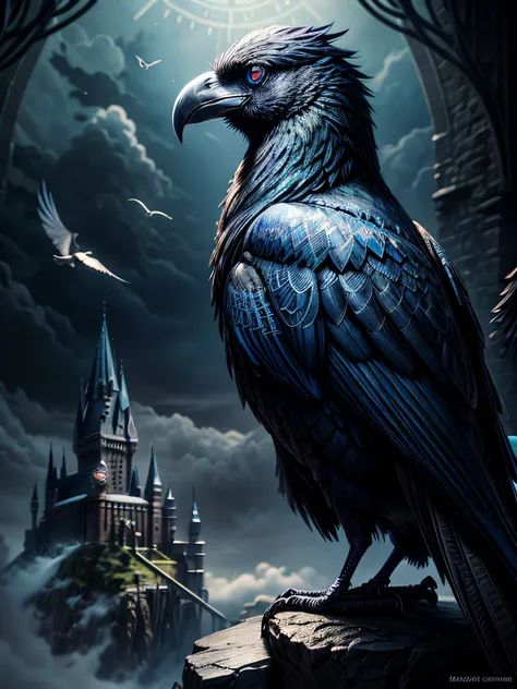 Ravenclaw raven, blue background, Hogwarts castle in the background, detailed feathers, piercing eyes, mysterious atmosphere, atmospheric lighting, realistic painting style, bright colors, high contrast, high quality, 4k resolution, professional artwork.