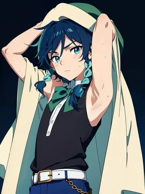 Highres, Masterpiece, Best quality at best,Best Quality,hight quality, hight detailed, 1boy, Venti, solo, Young boy, medium hair length, braids, dark blue hair color, cyan highlights in hair, calm expression, kind expression, Simple background, detailed ey...