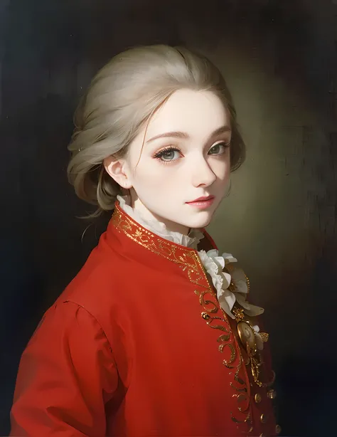 Portrait of Mozart, only the face is female,Be feminine,Big eyes,looking at the camera,small nose,Fashion red coat with gold details, realistic, unity 8k wallpaper, detailed face, high definition skin, realistic skin details, visible pores, sharp focus, 8k...