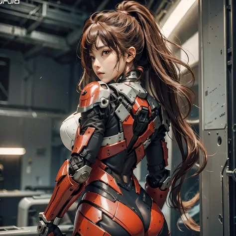 (masterpiece), (best quality), photorealism, actual, Super detailed, perfect face, Perfect body, 1 girl, beautiful girl, red armor girl, Mechanical armor, Exoskeleton, stand, cool pose, Sexy, View from behind