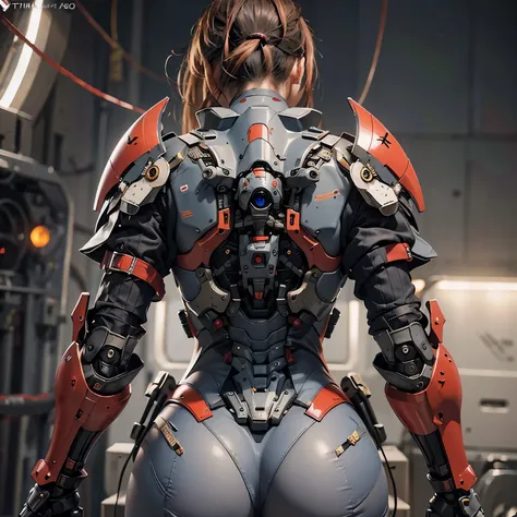 (masterpiece), (best quality), photorealism, actual, Super detailed, perfect face, Perfect body, 1 girl, beautiful girl, red armor girl, Mechanical armor, Exoskeleton, stand, cool pose, Sexy, View from behind