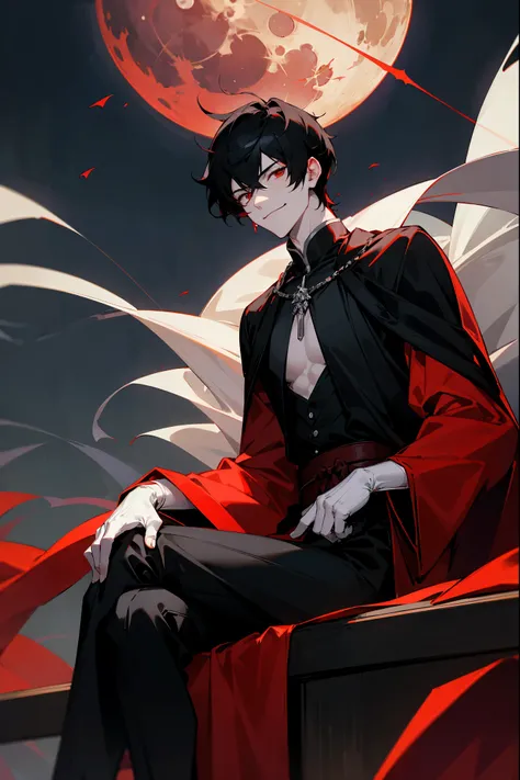 black hair, red eyes, pale skin, black glove on one hand, muscular, mature male ,red aura, one black arm, moonlight sky, smirking , sitting down on black throne, red royal robe, short hair, black pants