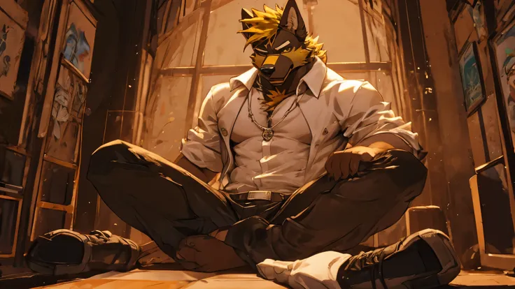 ((best quality)), ((masterpiece)), (detailed), perfect face, bara furry, dog man, big body, black skin, short quiff yellow hair, yellow eyes, perfect eyes, big dog ears, handsome, at school, white shirt and black pants
