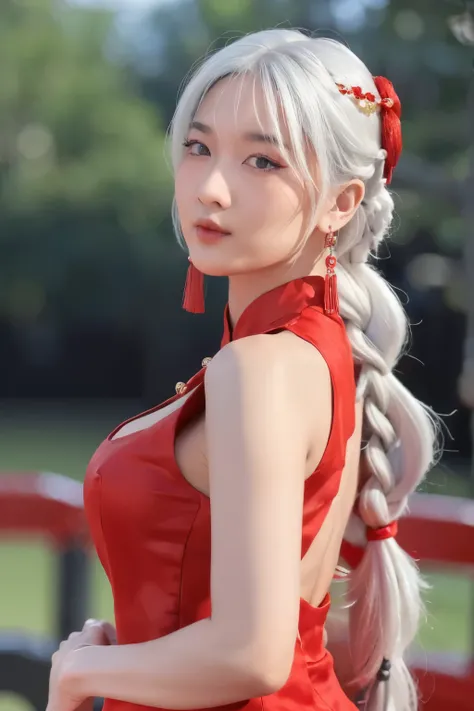 vibrant colors, female, masterpiece, sharp focus, best quality, depth of field, cinematic lighting, white hair, red eyes, braid, dress, long hair, red eyes, tattoo, earrings, jewelry, black dress, hair ornament, bangs, chinese clothes, breasts, china dress...