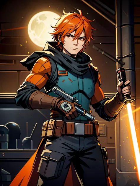 Generate an image of a bounty hunter from the Star Wars universe who uses a light saber that has a reddish-orange blade in his right hand and a blaster in his left hand