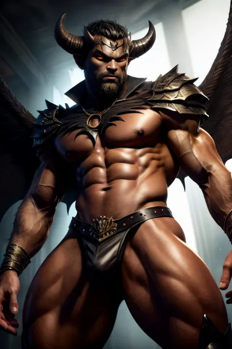 ((obra de arte, melhor qualidade, high resolution)) A handsome man with black demon wings, olhos vermelhos, Orelhas pontudas, muscular