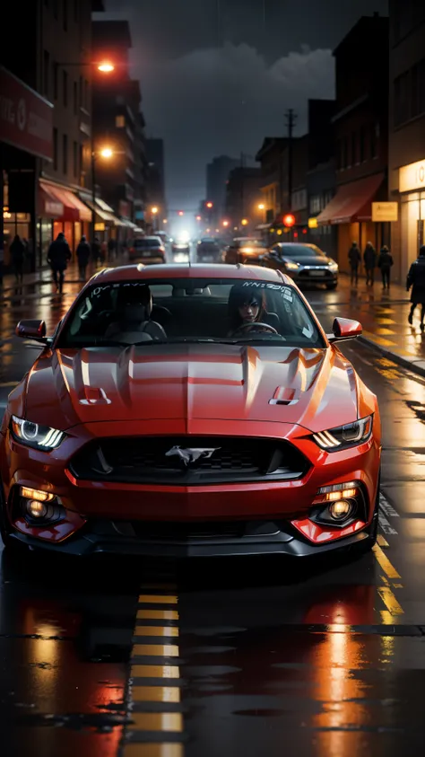 one mustang car, red, in a night light up city lights glowing in the rain