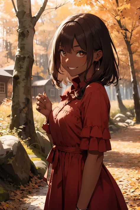 Dark skin girl with straight medium brown hair and honey eyes dressing a cottage red dress at a falls forest. She has side bangs and is smiling 