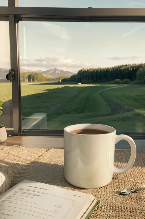 Mockup of a (totally empty Plain, plain, plain white Mug), in a Natural green landscape with some sun lights on the Mug, book next to the Mug.