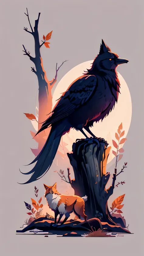 Fable: One Crow (on a branch) and one Fox (sitting on the ground). bright colors, high contrast, high quality, 4k resolution, professional artwork.