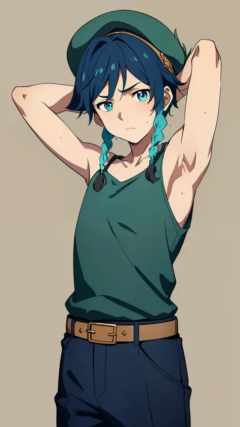 Highres, Masterpiece, Best quality at best,Best Quality,hight quality, hight detailed, 1boy, Venti, solo, Young boy, medium hair length, braids, dark blue hair color, cyan highlights in hair, calm expression, kind expression, Simple background, detailed ey...
