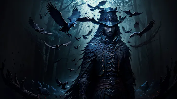 a raven master (in black feather costume) in a dark forest, ravens with detailed feathers, piercing eyes, a mysterious atmospher...