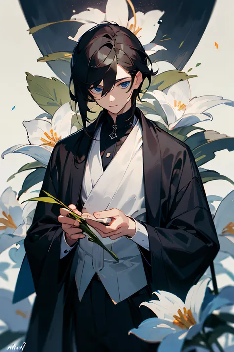 Male, Dark hair, Dark clothes, blue eyes with no shine, flowers growing out of hair