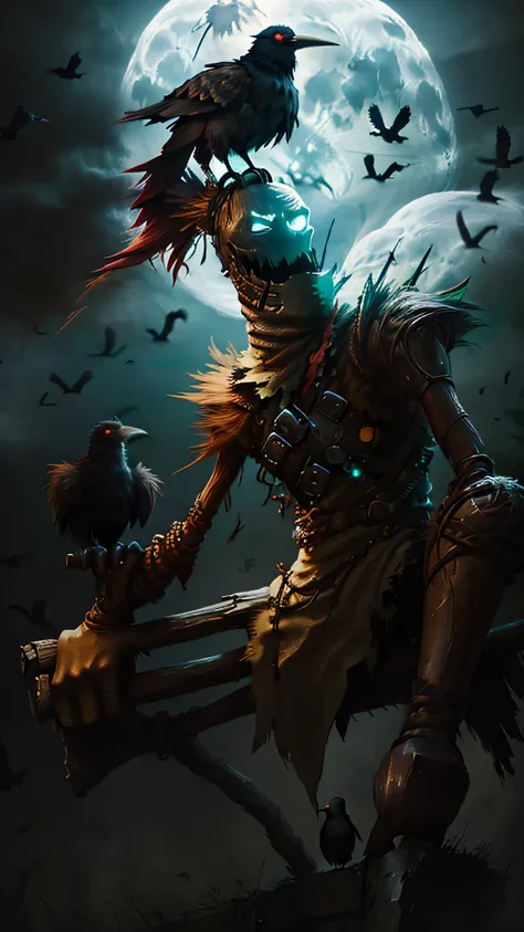 fiddlestickset (league of legend)  a crow perched on the shoulder lit by the moon,  "the timeless horror known as fiddlesticks r...