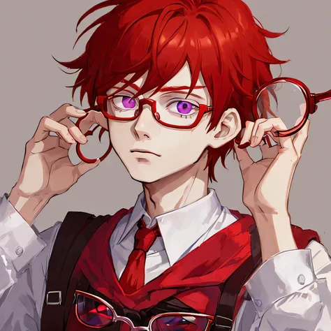 Boy With red hair and other red colors mixed randomly, he has purple eyes and wears glasses with white glasses