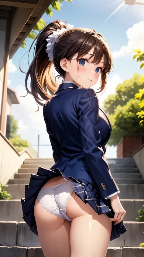 ((highest quality)), ((masterpiece)), (become familiar with), (High resolution), 8K, best shadow, The best natural light, cinematic, woman climbing stairs、20-year-old, (brown hair ponytail)、Looking back, a shy expression、navy blazer、navy skirt、(dark blue s...