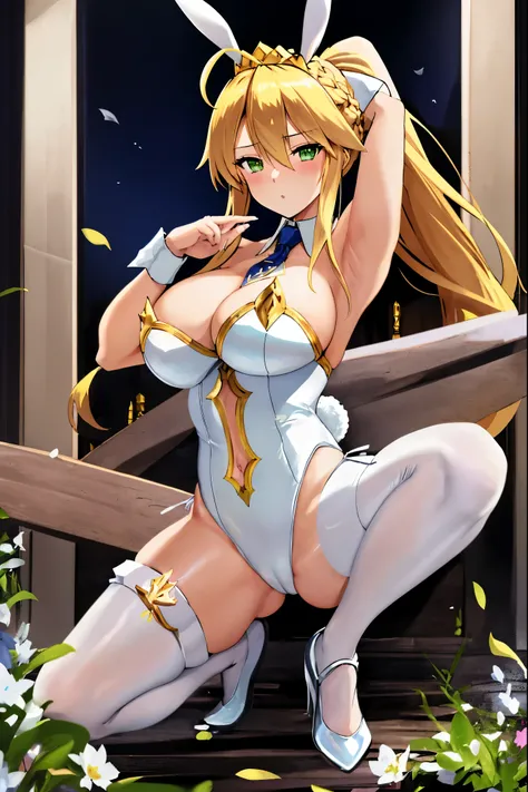 masterpiece, best quality, absurdres, looking at viewer, (light_smile:0.6),
1girl, ahoge, rabbit ears, playboy bunny, artoria pendragon (swimsuit ruler) (fate), large breasts , blonde hair, green eyes, french braid,  pony tail
bare shoulders, large breasts...