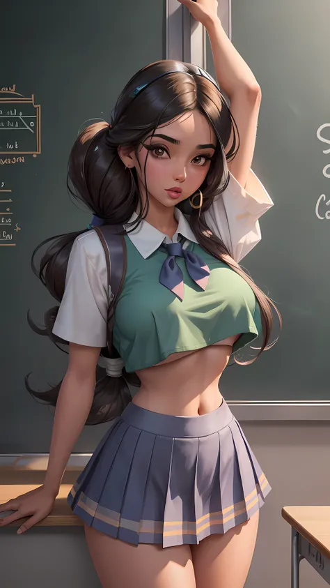 jasmine, 1girl, crop top,school girl uniform, street, power lines,, masterpiece, best quality, highly detailed, large breasts, classroom, blackboard