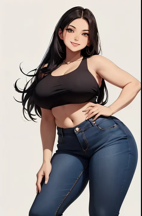 (best quality, masterpiece:1.2), Sketch full view of a hot looking fair skin 29 year old woman standing in front of us. She has brown eyes and long straight black hair. She has big breasts, playful smile. She has a nice curvy physique. She is wearing a cro...