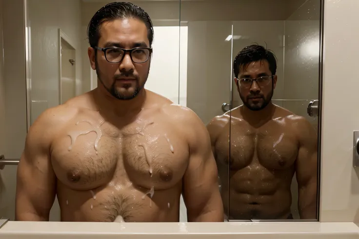 huge load of cum all over the face and body of a 37-year-old stocky chubby thick Japanese businessman wearing suit and tie and glasses with short hair and beard in a mens room